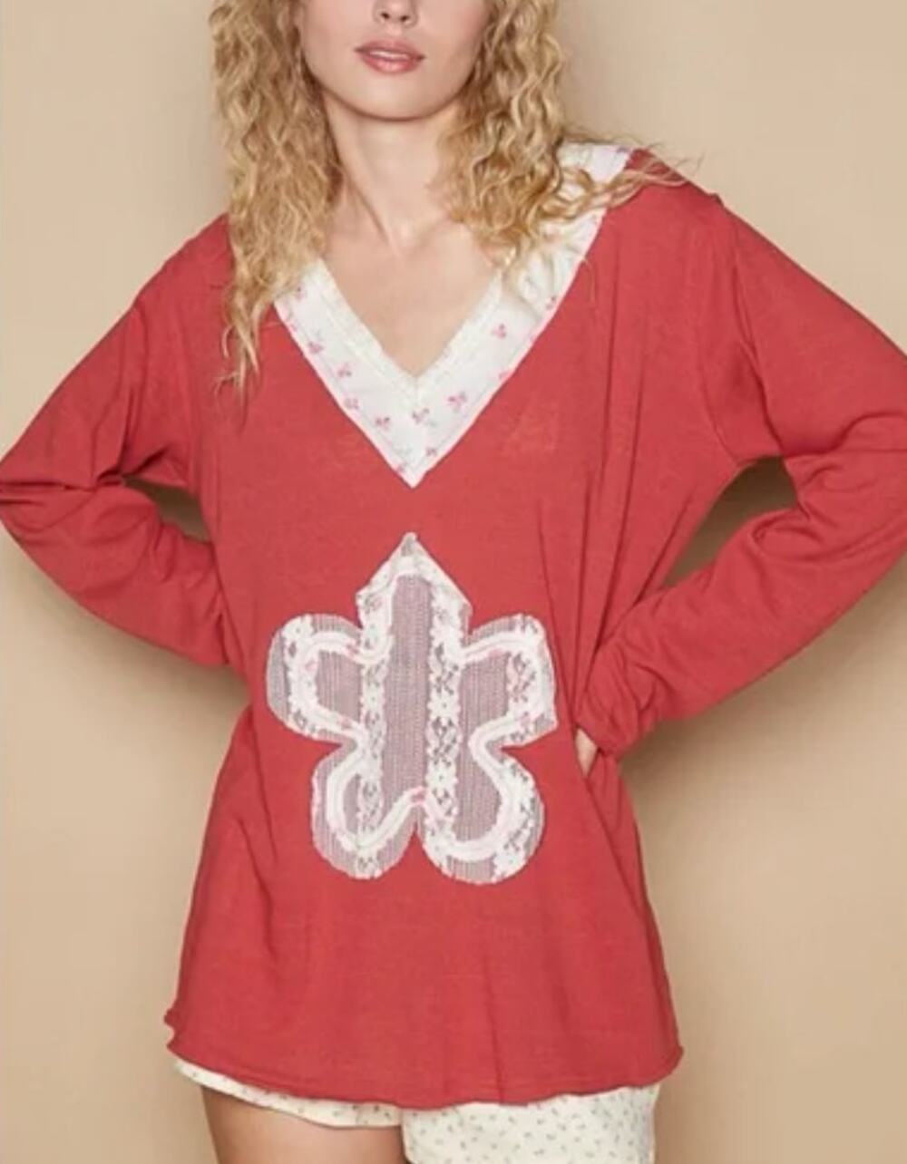POL Boho Floral Lace V-Neck Long Sleeve Top Red Patchwork Tee Women’s Size Small